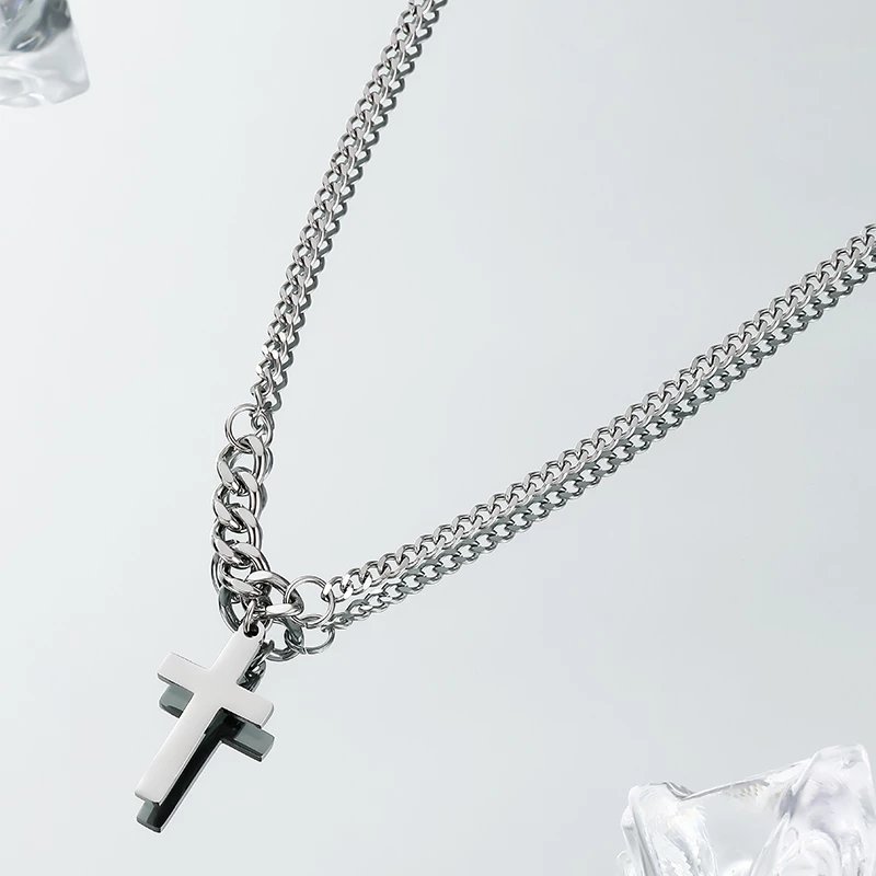 依莲妃【精选】钛钢十字架吊坠男士项链男生百搭锁骨链男款配饰感 十字架钛钢项链【链长44cm+延长