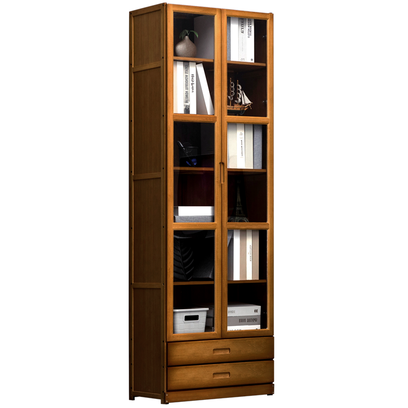 淘之良品 简易落地带门书架楠竹带抽办公室置物架实木博古架图书馆学生阅读书本架欧式客厅飘窗储物架储藏架 【透明双门】七层60长(双抽屉)