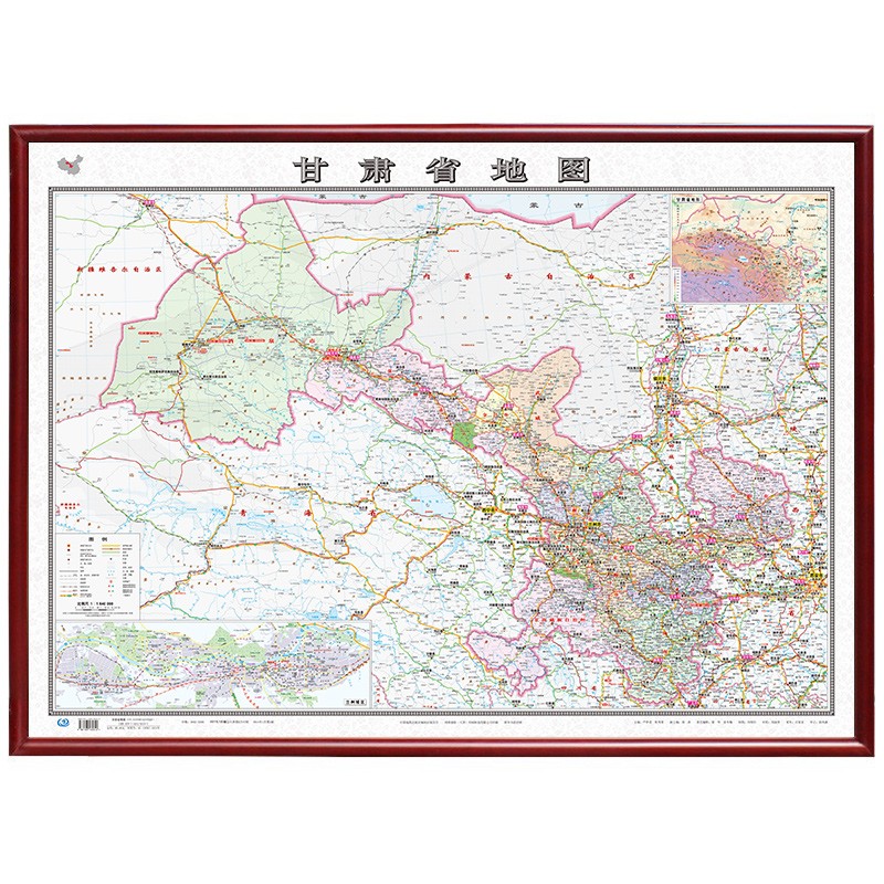 【定制边框】2022年 甘肃省地图 木框装裱 约1.1米*0.8米 红棕色边框
