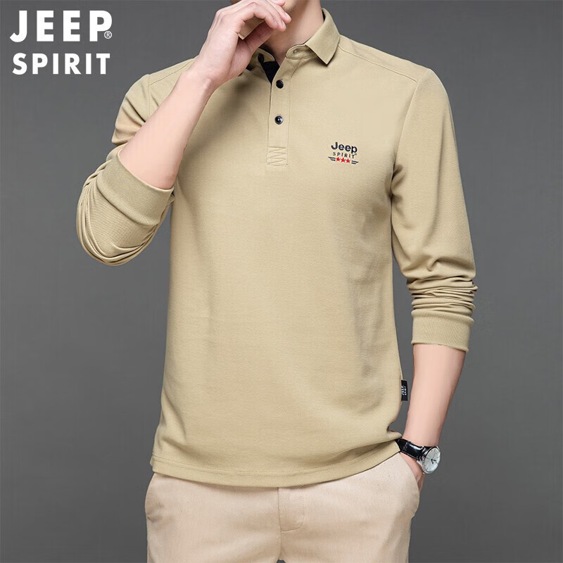 吉普JEEP polo衫男长袖2022秋T恤男士休闲中青年翻领纯色男士上衣男装 RYL9019 卡其 3XL