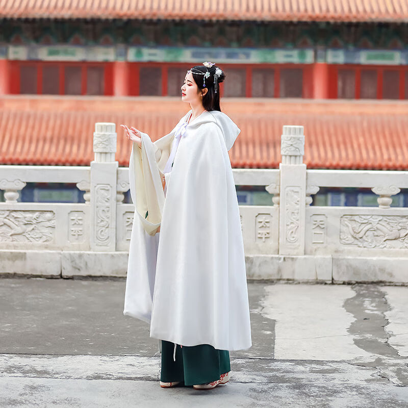 漢服披風(fēng)女披風(fēng)加厚冬季刺繡漢服重工舞臺表演服國風(fēng)古韻古裝成人女斗篷毛領(lǐng) 白色純色外套 L 衣服長度115厘米
