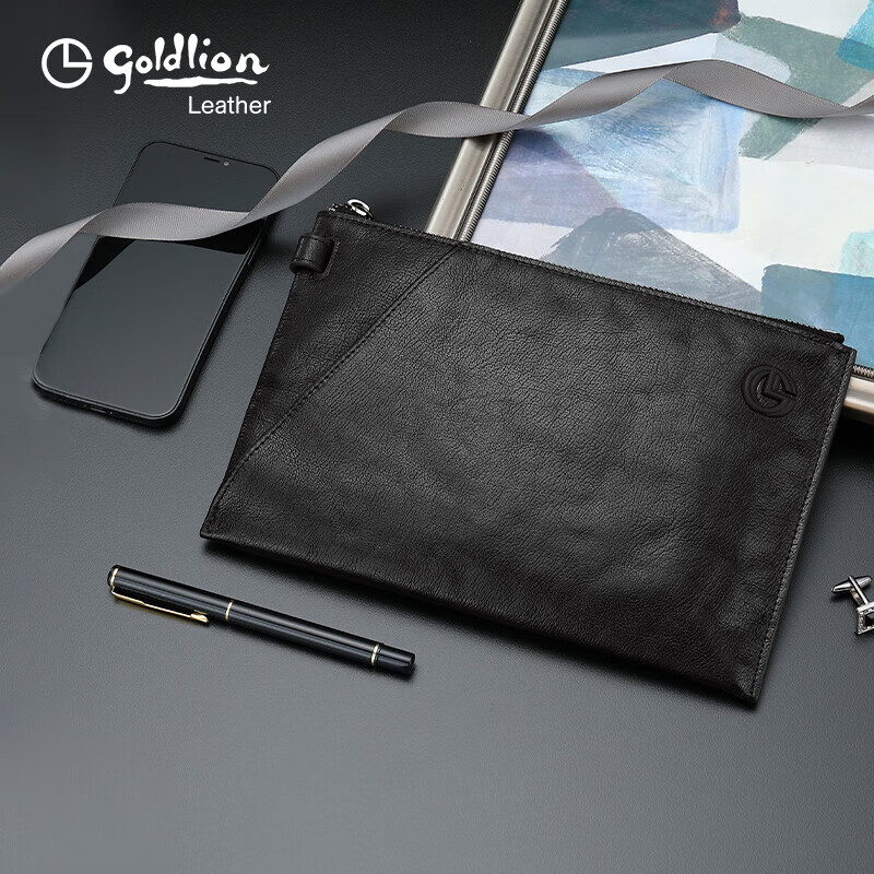 金利来男士手包柔韧头层牛皮信封包时尚商务手拿包大容量手拎包 黑色 FA631037-111 生日礼物送礼送爸爸老公男友