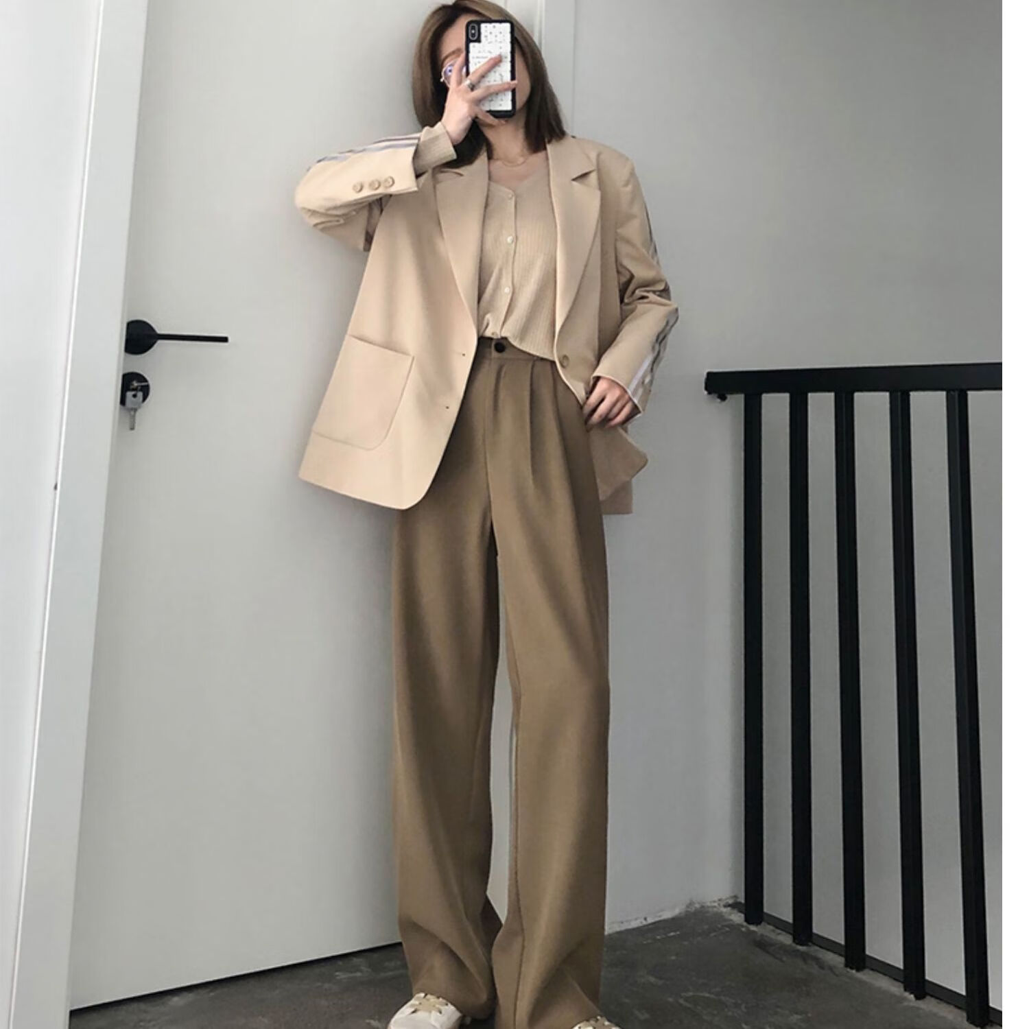 宽腿裤女梨形身材大码阔腿裤女春秋高腰垂感胖mm拖 驼色【加长款】 s