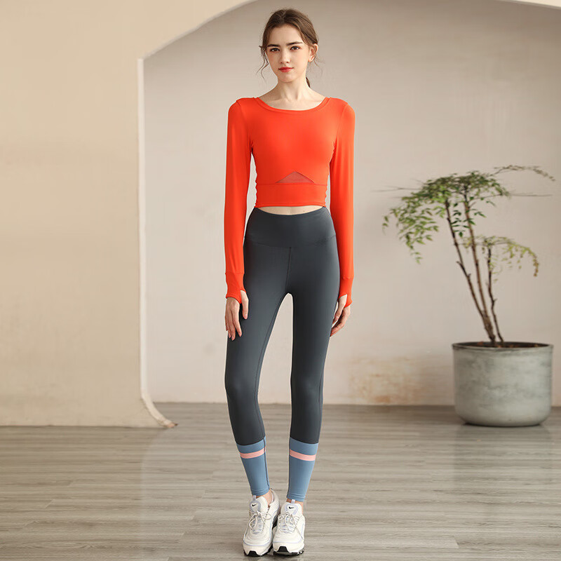 必在IuℕIu 新品  瑜伽服时尚健身户外宽松速干爬山跑步运动套装女秋冬季晨跑步 活力橙+灰蓝色 S