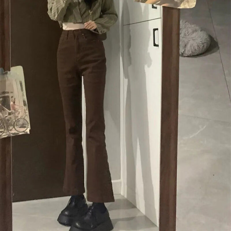 宫柒尓女士微辣冬天穿的裤子加厚加棉外穿显瘦薇拉叭棕色微喇叭牛仔裤