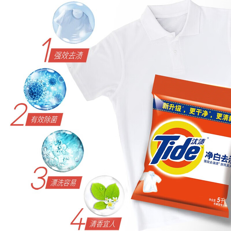 汰渍洗衣粉5公斤(kg)大袋香味持久净白机洗手洗二合一无磷洗衣粉 净白