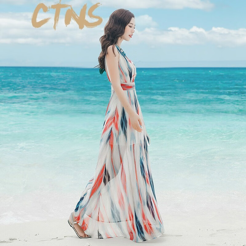 CTNS品牌沙滩裙女夏新款气质修身收腰系带雪纺连衣裙波西米亚海边度假长裙 图片色 S