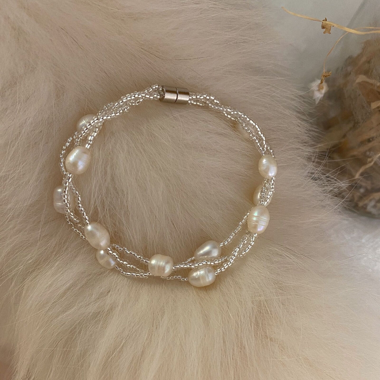 永红旺珍珠手链三层珍珠可叠戴气质磁扣款百搭简约女生手串 三层真