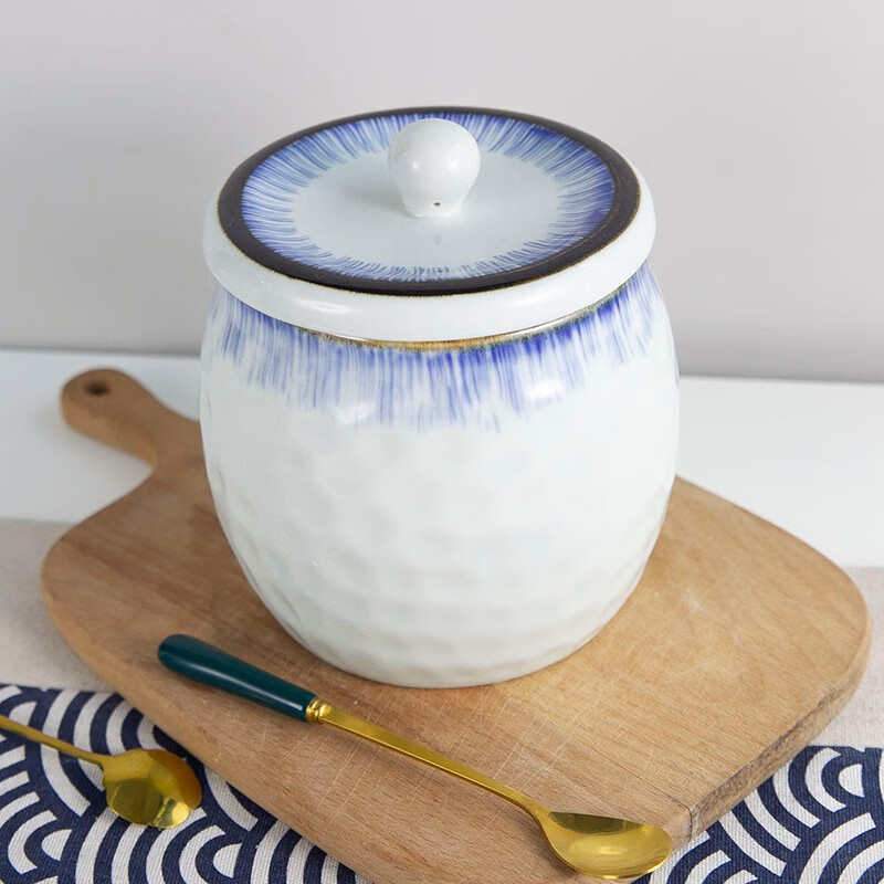 和风四季 釉下彩龟甲调味罐耐高温陶瓷猪油罐辣椒油罐防潮调料罐油辣子罐 大号蓝色龟甲罐+祖母绿勺 1200ml