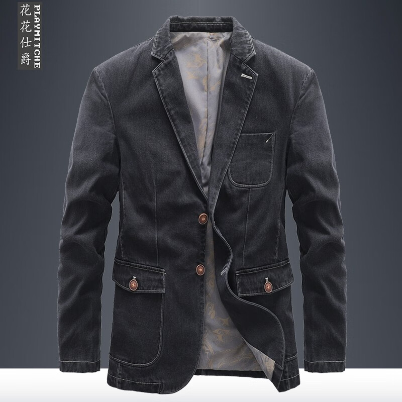 花花仕爵休闲西服男牛仔外套秋季新品青年宽松上衣中年爸爸装小西服