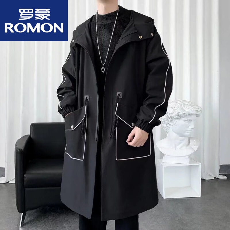 羅蒙（ROMON）2025風(fēng)衣男長款冬季長款過膝連帽大衣春秋季韓版寬松男士披風(fēng)外套 黑色 M