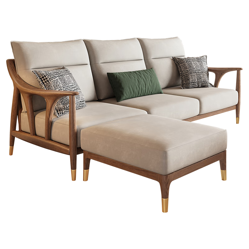 韵存家居 沙发 全实木沙发 布艺沙发 新中式白蜡木小户型客厅直排沙发 1.69米小三位（整块海绵坐垫） 标准版：透气布