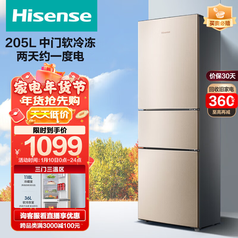 海信冰箱小型家用三门宿舍小冰箱205升三开门电冰箱 租房节能 中门软冷冻 BCD-205YK1FQ