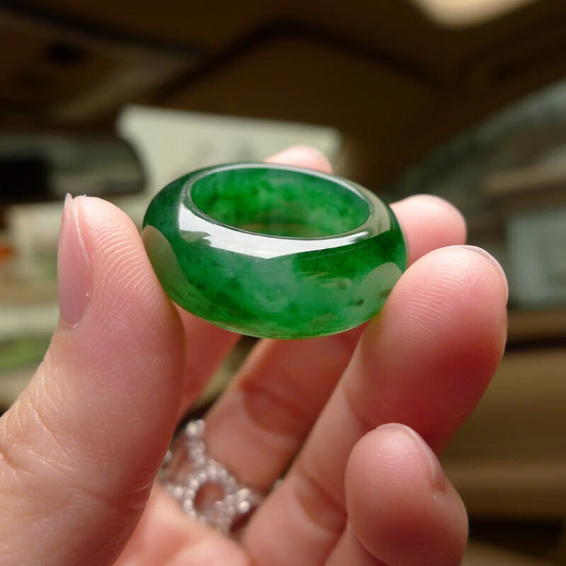玉旺轩 翡翠玉戒指冰种满色绿玉石指环男女款玉扳指 墨绿 18号