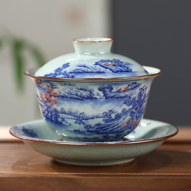 裂均景德镇青花瓷泡茶碗陶瓷盖碗茶杯茶具家用复古三才碗茶备开片可养 江山多娇-老陶泥盖碗