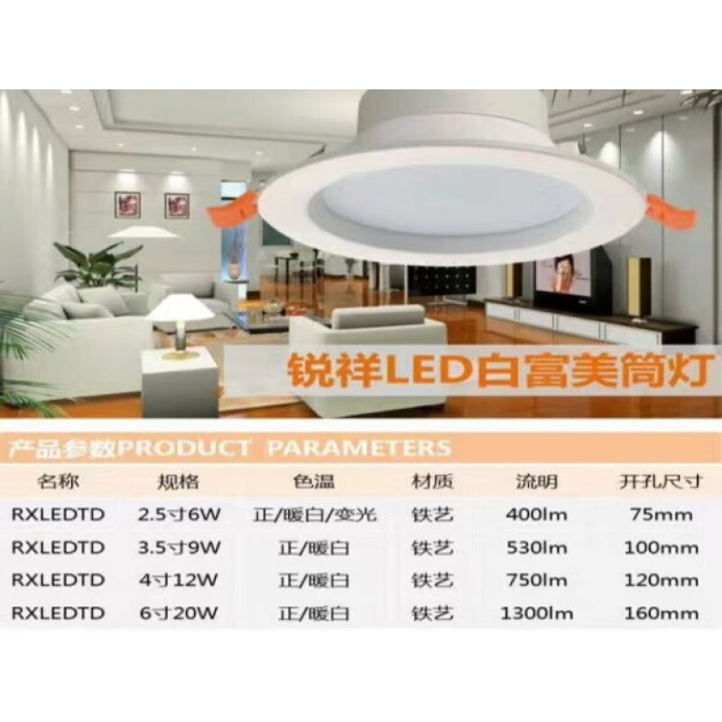 白富美 led筒灯面板灯2.5寸3.5寸4寸6寸厨房洗手间平板灯 锐祥2.