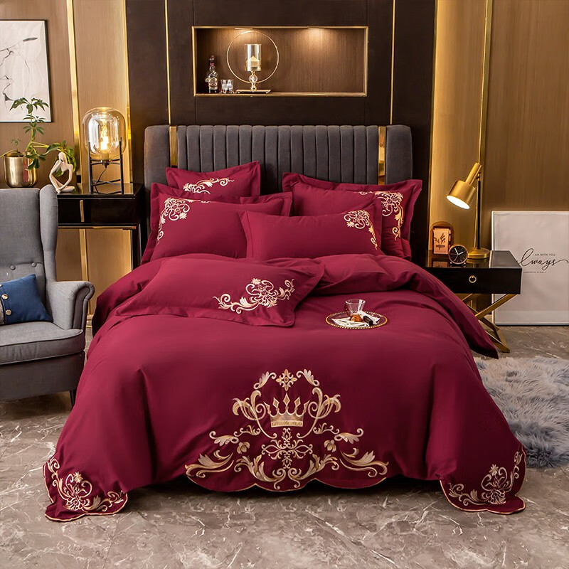 格瑞雅居   床上四件套全棉磨毛纯棉高档床品套件床单被套枕套 酒红 1.5米/1.8米床通用（被套200*230cm）