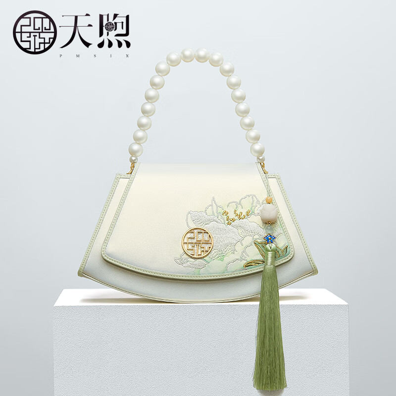 PmSix复古中国风绣花女包生日礼物送妈妈包牛皮女包中年女士单肩斜挎包 珠光白-刺绣-礼盒装