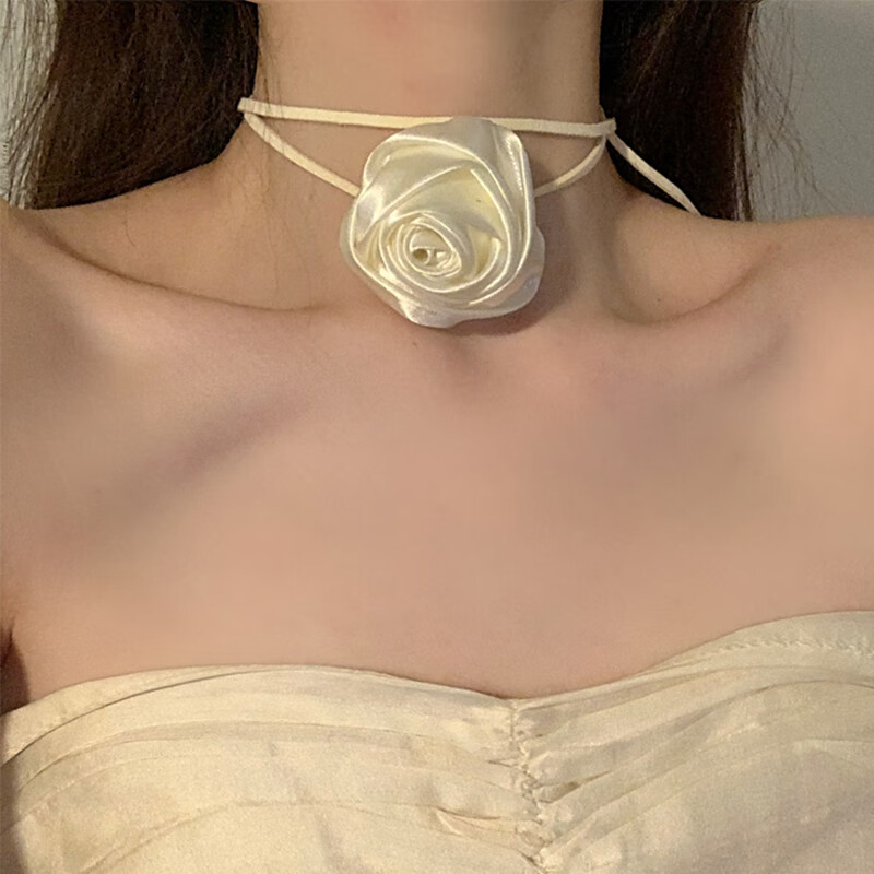 纯欲系小心机玫瑰花绑带项链女生纯欲风项圈女高级设计感ins颈链 米色