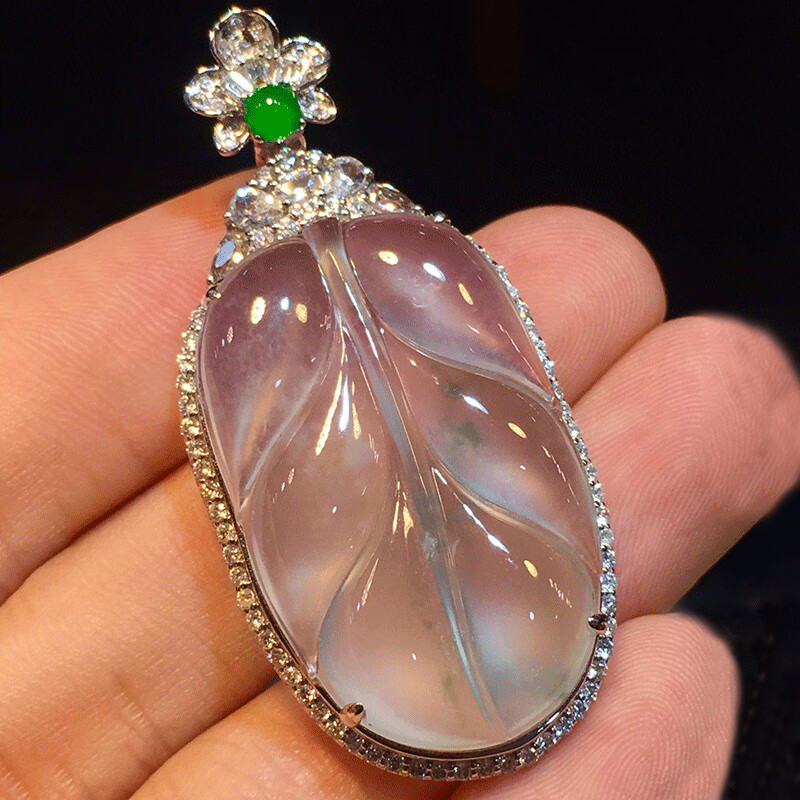 禧凤楼缅甸老坑a货翡翠冰种白冰18k镶嵌大业有成叶子吊坠女士 白冰