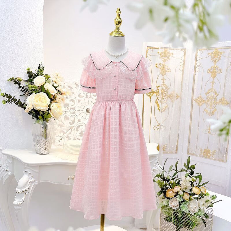 abc bill感气质连衣裙年夏中大童小女孩长裙雪纺仙女公主裙洋气 粉色