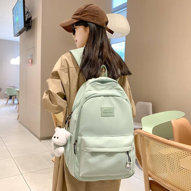 辰叙双肩包女2024新款背包大容量韩版简约纯色女生初中学生高中书包 黑色【小熊挂件】