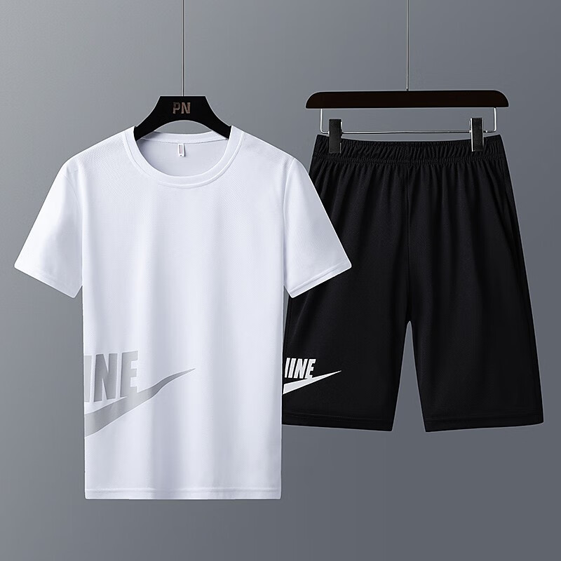 赛风运动套装男夏季新品健身速干跑步服宽松运动户外薄款T恤短袖短裤套装 （款式一）白色 XL码（建议165-170）