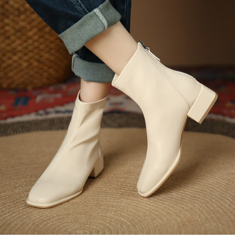 弹力瘦瘦女靴春秋季新款方头低跟及踝短靴女后拉链纯色时装靴 乳白色(加绒) 37