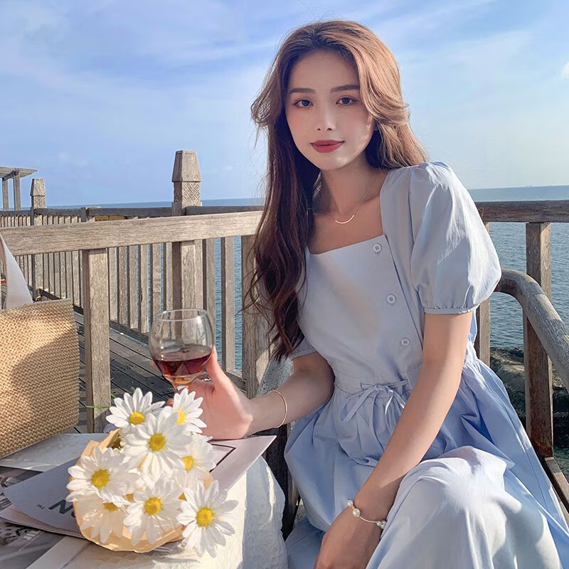 婵栩初中生连衣裙胖女孩高级感甜美连衣裙蓝色小清新纯棉连衣裙女夏20