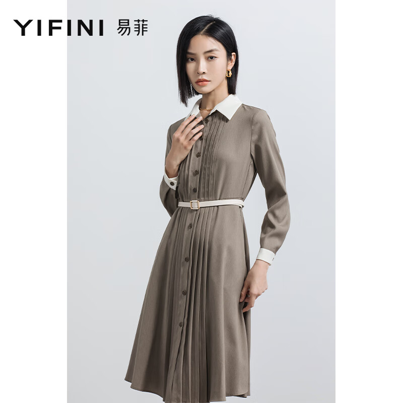 易菲(yifini)衬衫连衣裙女早春新款文艺中长款通勤裙套头翻领a01y3940