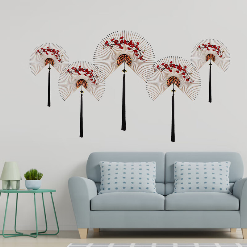 2022新款客厅装饰壁挂扇子 新中式铁艺梅花扇子壁挂客厅玄关墙饰沙发