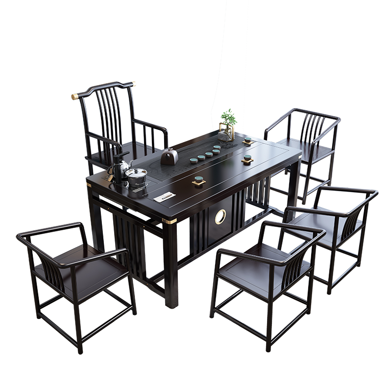 赣荣 实木茶桌椅组合 办公室功夫喝茶桌子新中式泡茶台 茶几茶具套装一体 1.6米前程似锦茶桌+1梳子椅+4新中式椅