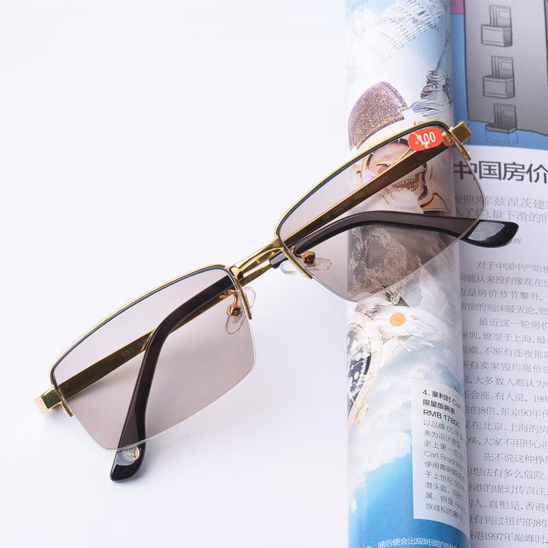 近视眼镜高清茶水晶石头眼镜半框方形配度数太阳镜清凉护目 金色100度