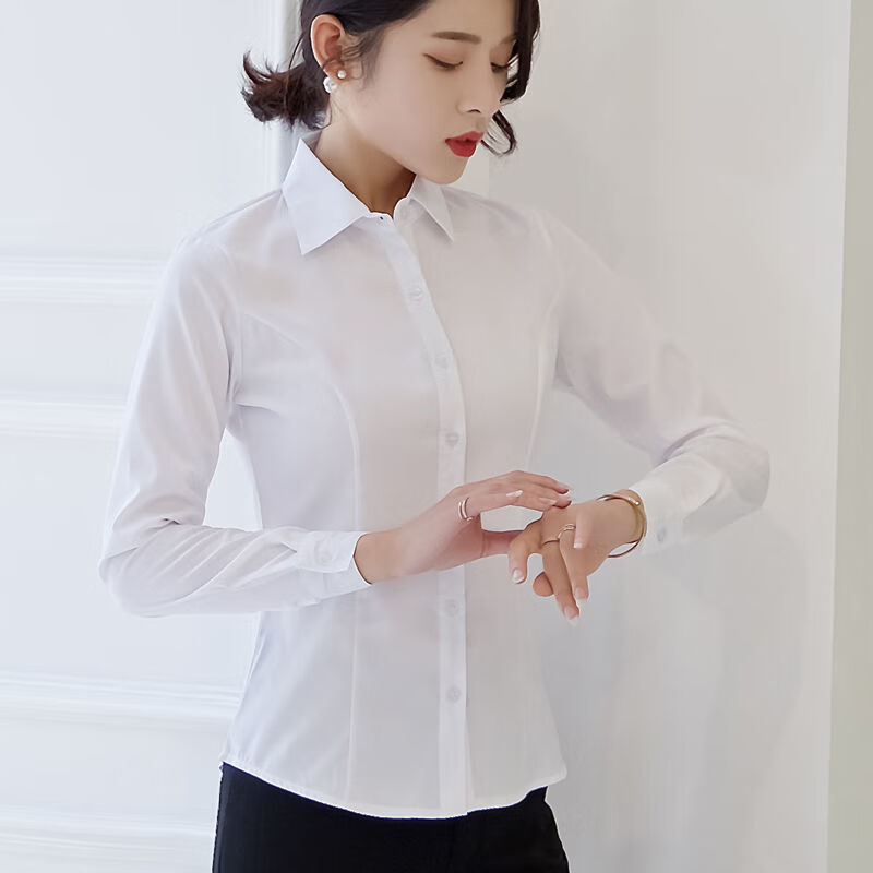 u秋季韩版雪纺白色女衬衫长袖学生工作服正装工装大码打底衬衣职业曼迪尚 白色(白色扣子) XL