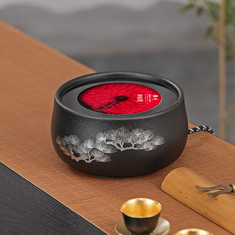 莺歌烧煮茶电陶炉家用台式电陶炉煮茶炉电陶炉茶炉烧水煮茶器小型迷你大功率烧水茶炉围炉煮茶莺歌烧 黑底银松【赠】星汉壶透明