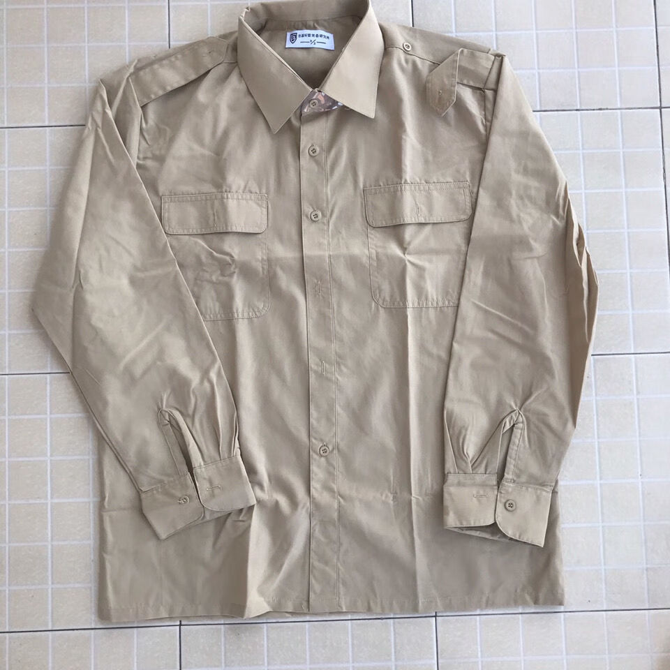 带有大口袋的工装衬衫男87老式陆米黄色纯色长袖衬衣 的确良男士长袖