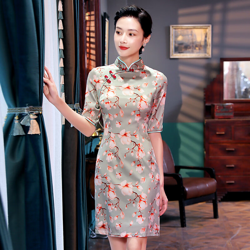 鑫辰旗袍女短款秋冬新款真丝桑蚕丝中袖改良印花旗袍连衣裙 花色 s