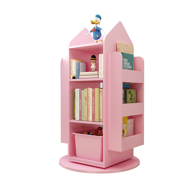 奇艺小家旋转书架360度储物架宝宝绘本收纳架简约架子学生家用创意落地置物架 房子旋转榉木色