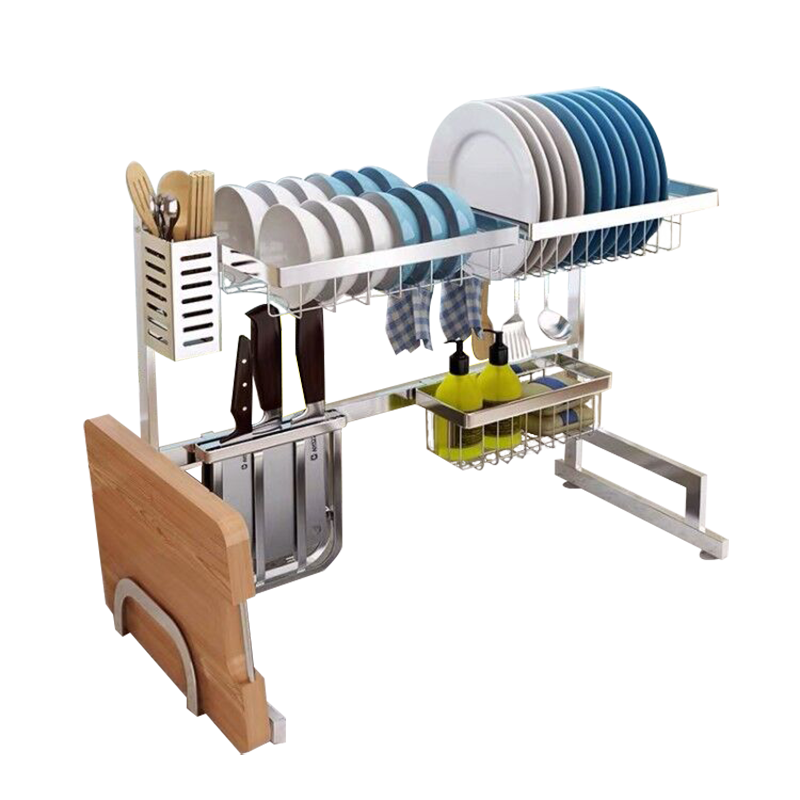 三只猩猩厨房置物架304不锈钢水槽水池放碗架沥水碗碟架砧板刀具架筷笼架厨具用品收纳架 豪华款66cm(配刀架筷笼砧板架+洁具蓝)