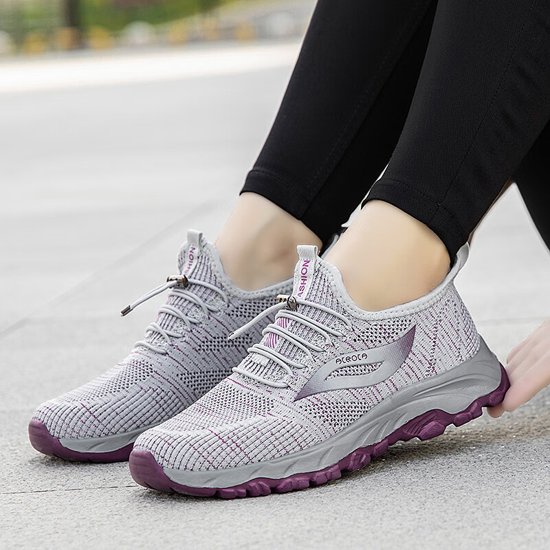 足力健夏天新款网鞋女透气软底防滑中老年健步鞋妈妈休闲运动鞋 浅灰