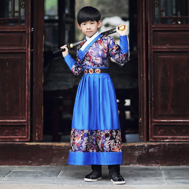 儿童明制中国风古装锦衣卫飞鱼服男孩古风唐装春季新款 蓝色 伸缩剑