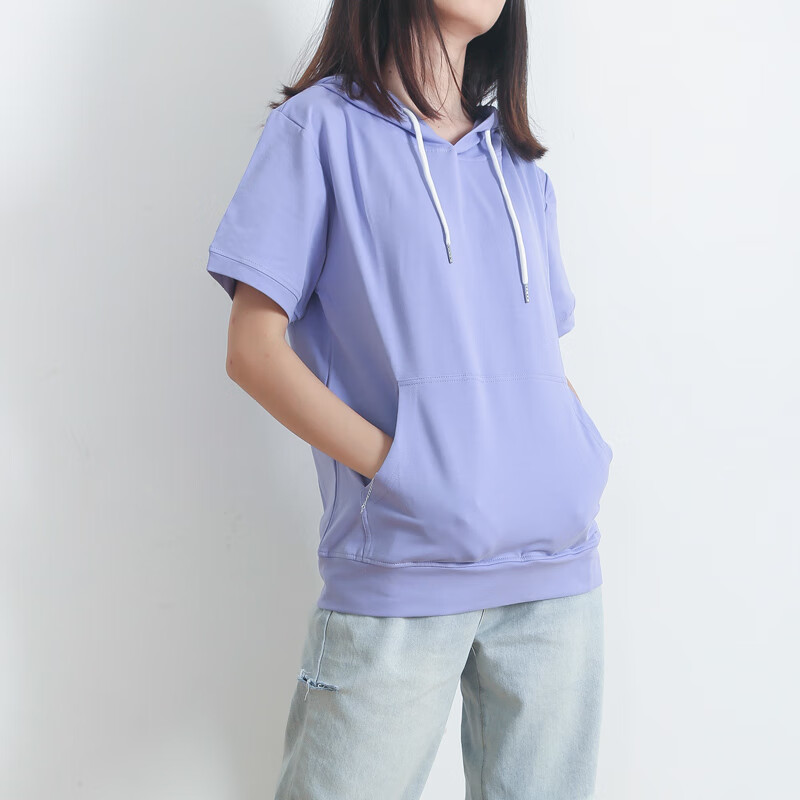 德朔夏天戴帽卫衣连帽卫衣女短袖棉宽松夏季薄款套头浅紫色半袖带帽t