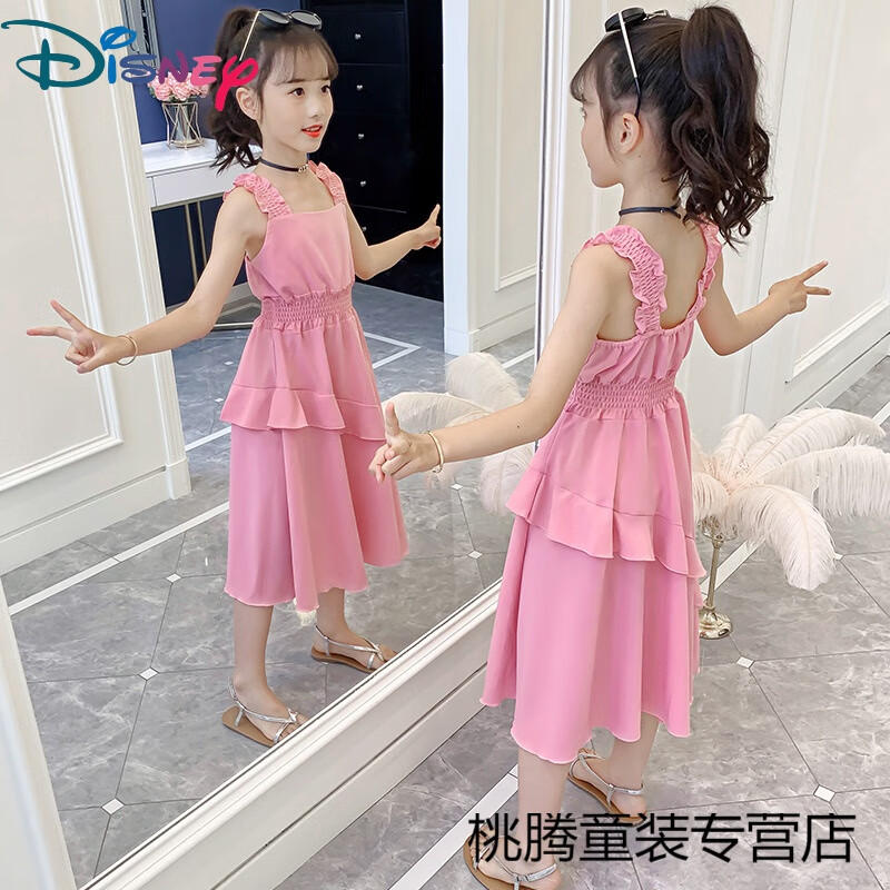 夏装新款中大儿童学生公主裙女孩裙子儿童雪纺连衣裙 粉色 110cm
