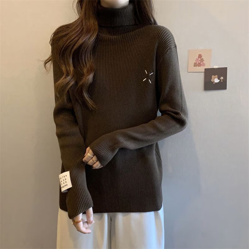 半高领大码女装高领打底衫女秋季新款胖mm纯色毛衣百搭显瘦 咖啡色 m