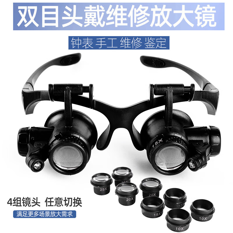 天窗（Sky window）头戴式眼镜双眼带LED灯珠宝放大镜古玩钟表电子电路维修4套镜片9892G 9892G双目放大镜黑色