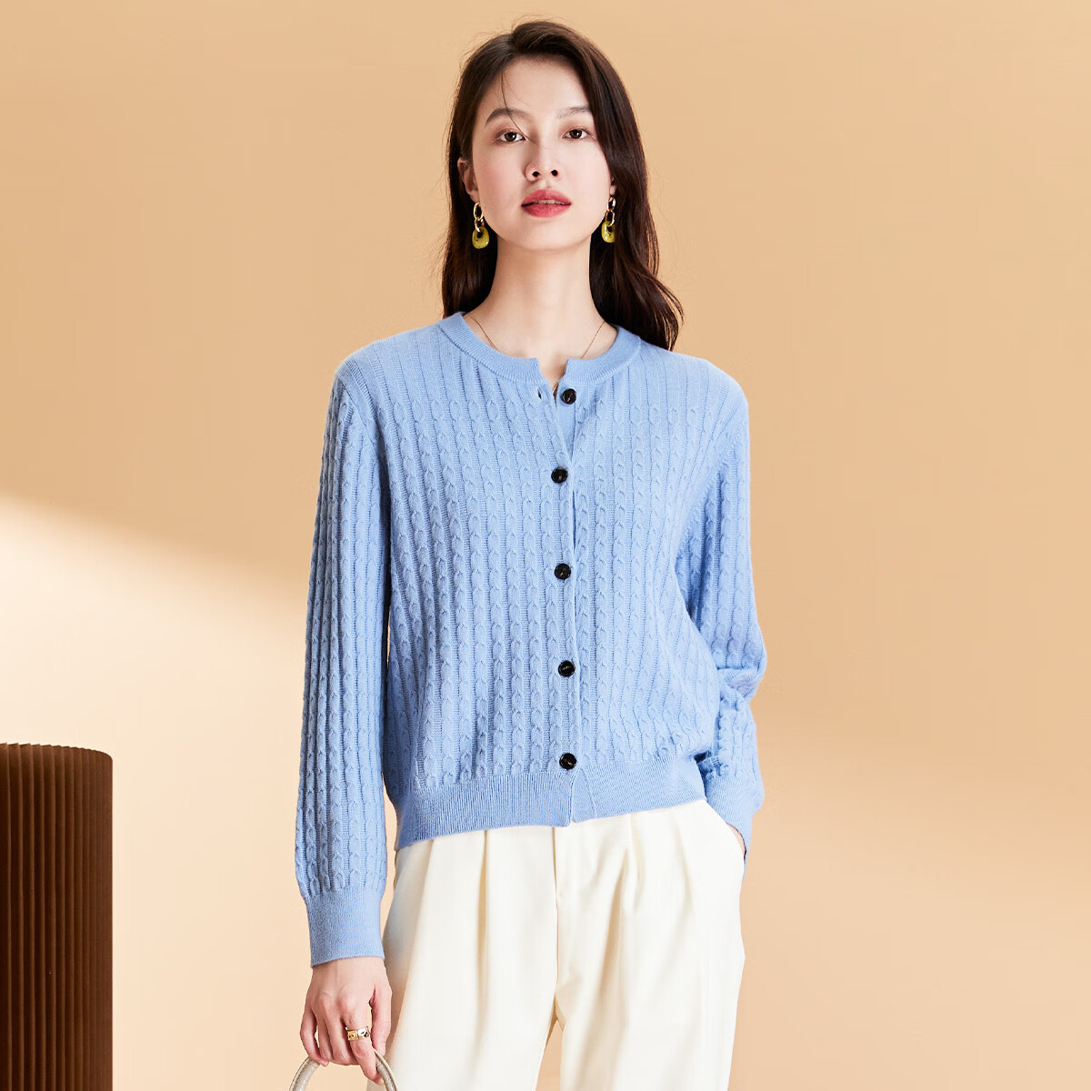 春竹羊毛宽松保暖气质显瘦圆领复古麻花开衫毛衣女上衣 马卡蓝 l/100