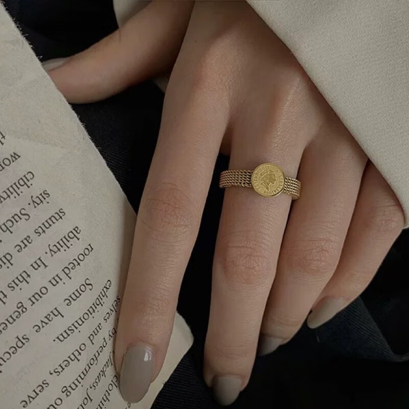 摘硬币风女王头像小众设计感法式复古气质中指戒指女 硬币戒指美码5号