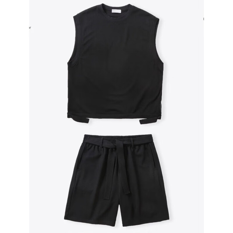 玺橙北木先生服饰夏季无袖坎肩马甲短裤两件套男宽松织带款休闲套装