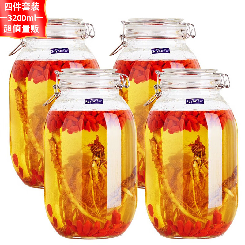 喜碧（Scybe）玻璃泡酒泡菜罐 潘多拉3.2L 4只装 储物密封罐酿酒瓶药酒罐小米桶