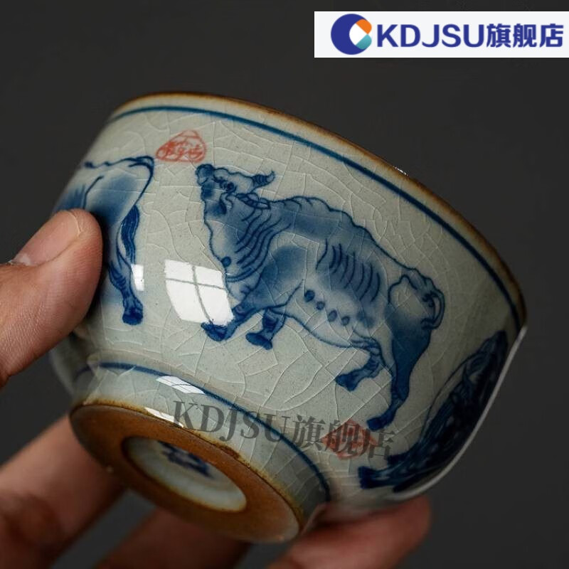 五牛图茶杯景德镇仿古老陶泥茶杯青花瓷主人杯单杯陶瓷手工茶具品茗杯